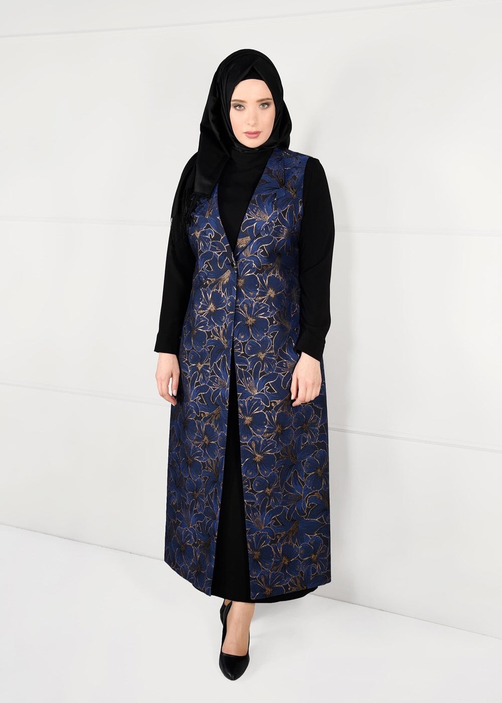 Hijab clothing NAVY BLUE FLORAL PATTERNED DRESS SUIT 3343