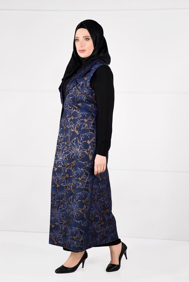Hijab clothing NAVY BLUE FLORAL PATTERNED DRESS SUIT 3343 - TRENDTESETTÜR