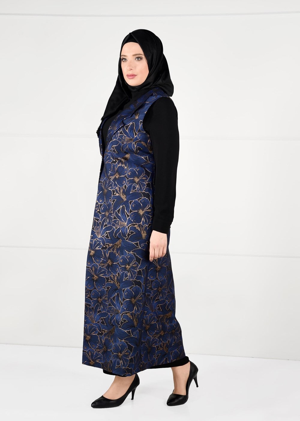 Hijab clothing NAVY BLUE FLORAL PATTERNED DRESS SUIT 3343