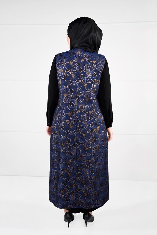 Hijab clothing NAVY BLUE FLORAL PATTERNED DRESS SUIT 3343 - TRENDTESETTÜR
