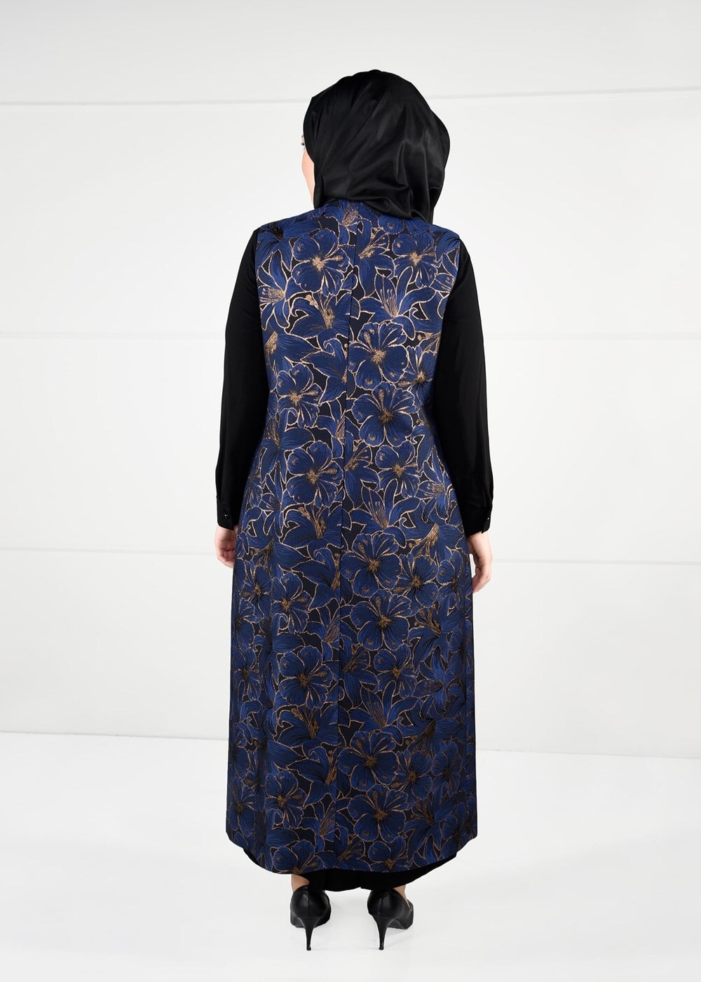 Hijab clothing NAVY BLUE FLORAL PATTERNED DRESS SUIT 3343