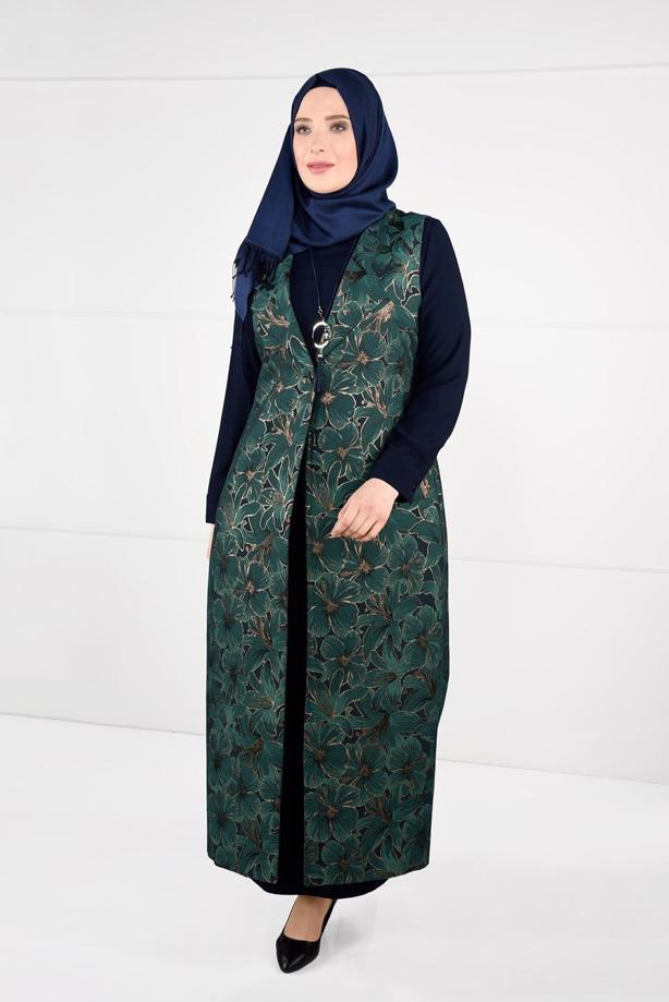Hijab clothing GREEN FLORAL PATTERNED DRESS SUIT 3343 - TRENDTESETTÜR