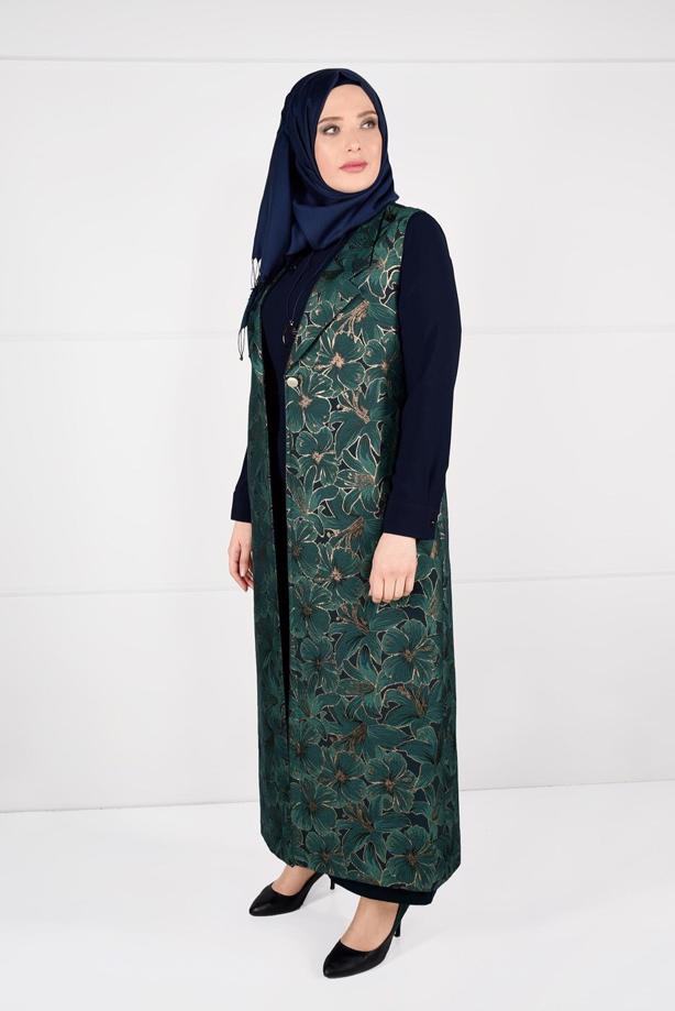 Hijab clothing GREEN FLORAL PATTERNED DRESS SUIT 3343 - TRENDTESETTÜR