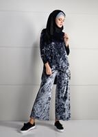 Tesettür giyim GRİ ASİMETRİK KESİM KADİFE 2Lİ PANTOLONLU TAKIM 92141