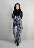 Tesettür giyim GRİ ASİMETRİK KESİM KADİFE 2Lİ PANTOLONLU TAKIM 92141