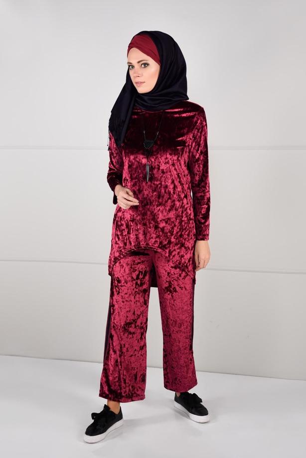 Tesettür giyim  ASİMETRİK KESİM KADİFE 2Lİ PANTOLONLU TAKIM 92141 - TRENDTESETTÜR