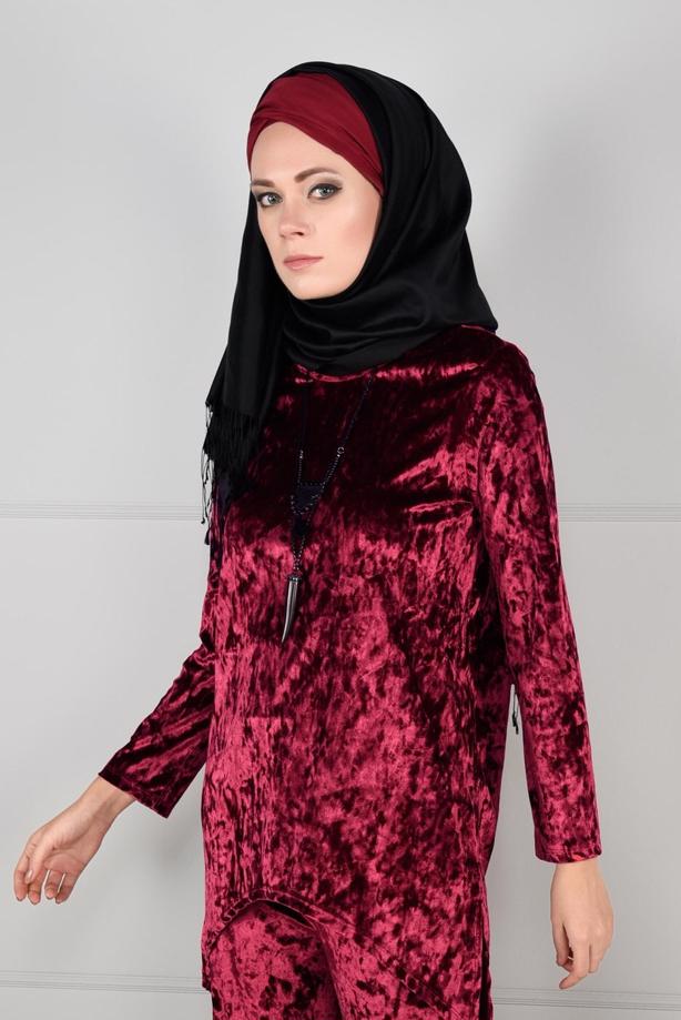Tesettür giyim  ASİMETRİK KESİM KADİFE 2Lİ PANTOLONLU TAKIM 92141 - TRENDTESETTÜR