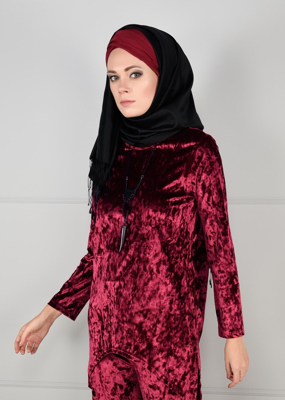 Tesettür giyim BORDO ASİMETRİK KESİM KADİFE 2Lİ PANTOLONLU TAKIM 92141