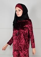 Tesettür giyim BORDO ASİMETRİK KESİM KADİFE 2Lİ PANTOLONLU TAKIM 92141
