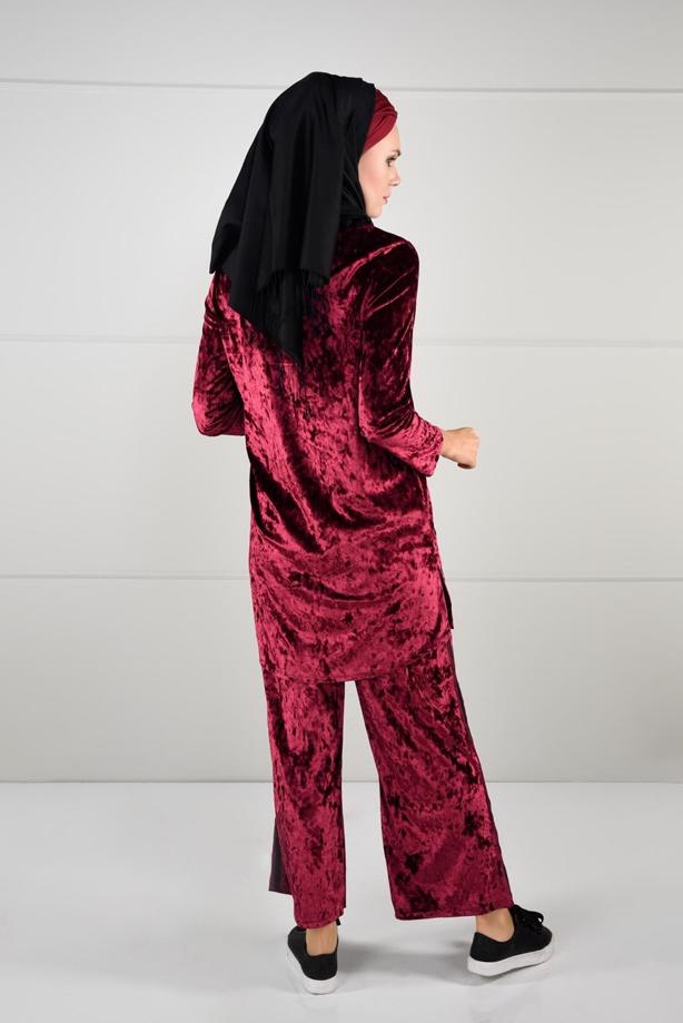 Tesettür giyim  ASİMETRİK KESİM KADİFE 2Lİ PANTOLONLU TAKIM 92141 - TRENDTESETTÜR
