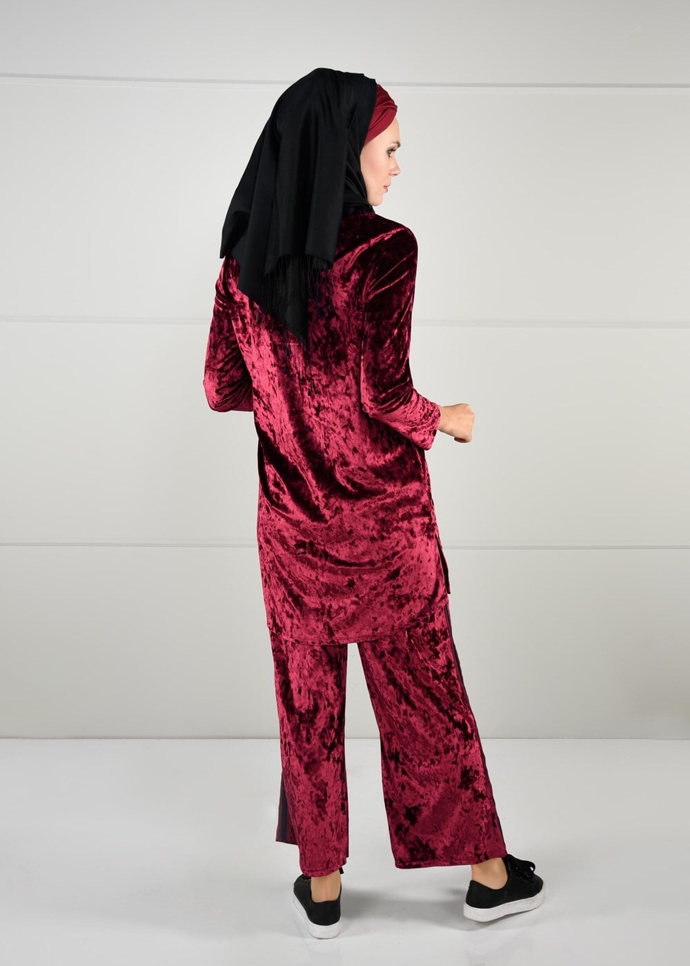 Tesettür giyim BORDO ASİMETRİK KESİM KADİFE 2Lİ PANTOLONLU TAKIM 92141