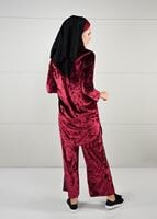 Tesettür giyim BORDO ASİMETRİK KESİM KADİFE 2Lİ PANTOLONLU TAKIM 92141