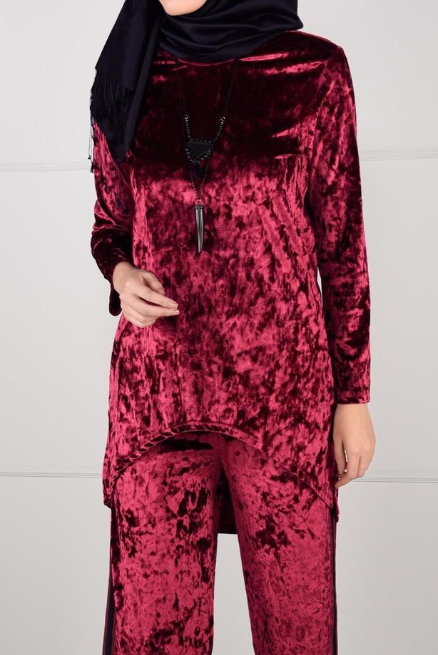 Tesettür giyim  ASİMETRİK KESİM KADİFE 2Lİ PANTOLONLU TAKIM 92141 - TRENDTESETTÜR