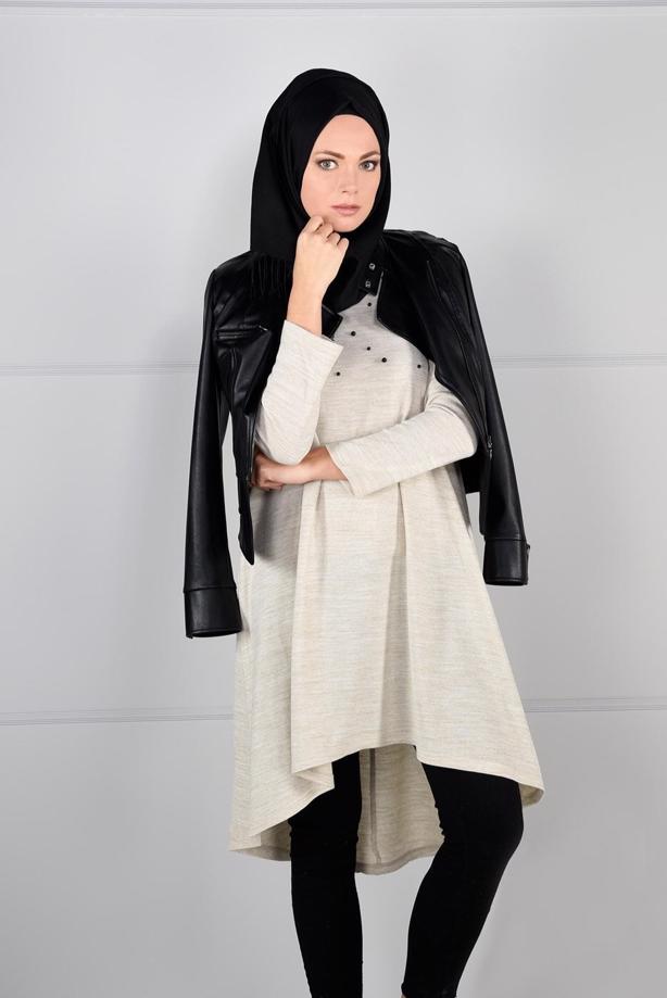 Tesettür giyim  İNCİ İŞLEMELİ GENİŞ KESİM TUNİK 03051 - TRENDTESETTÜR