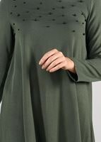 Tesettür giyim HAKİ İNCİ İŞLEMELİ GENİŞ KESİM TUNİK 03051