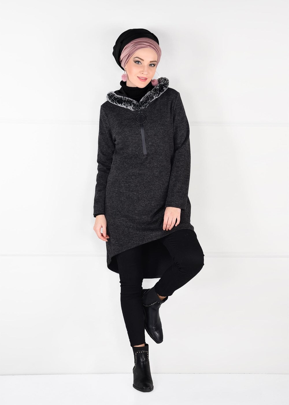 Tesettür giyim GRİ PELUŞLU FERMUAR DETAYLI TUNİK 13741