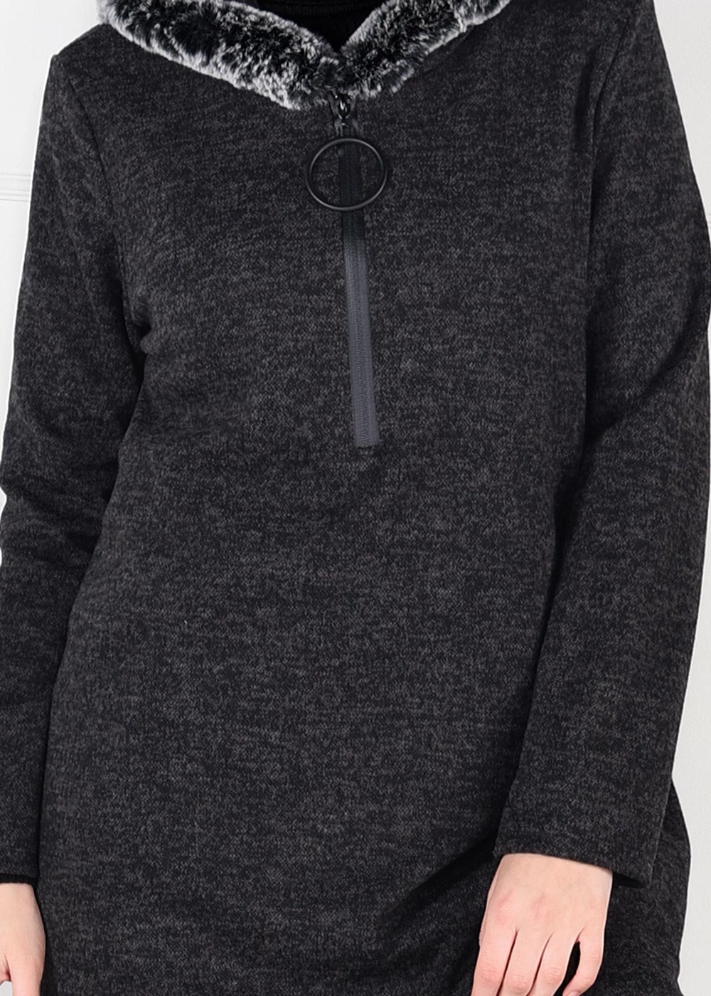 Tesettür giyim GRİ PELUŞLU FERMUAR DETAYLI TUNİK 13741