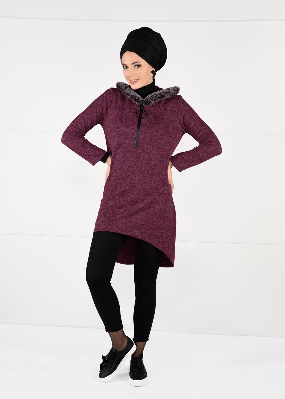 Tesettür giyim BORDO PELUŞLU FERMUAR DETAYLI TUNİK 13741
