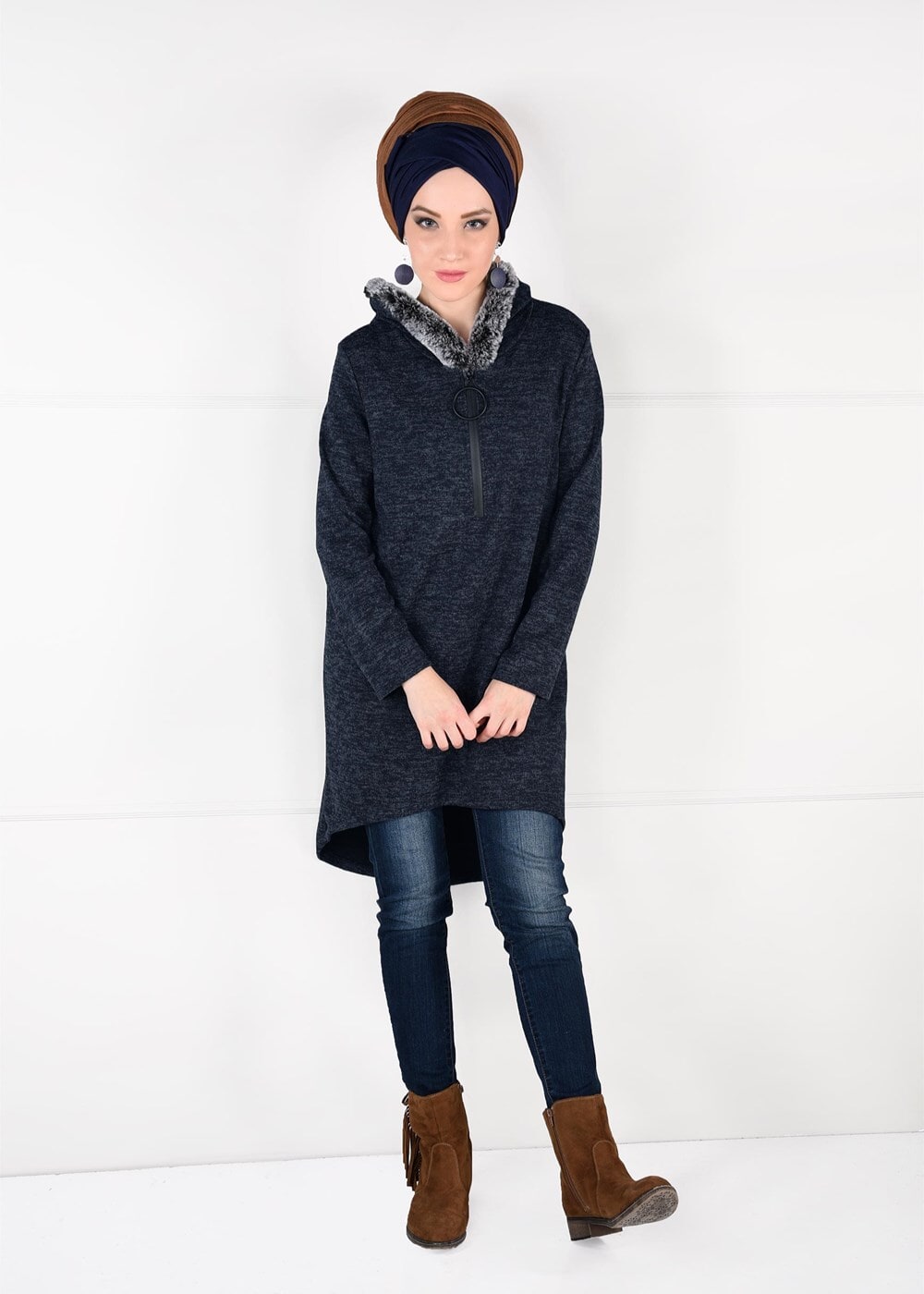 Tesettür giyim LACİVERT PELUŞLU FERMUAR DETAYLI TUNİK 13741