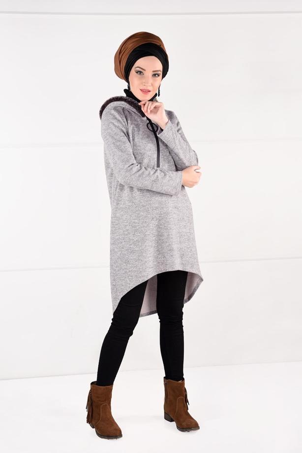 Tesettür giyim  PELUŞLU FERMUAR DETAYLI TUNİK 13741 - TRENDTESETTÜR
