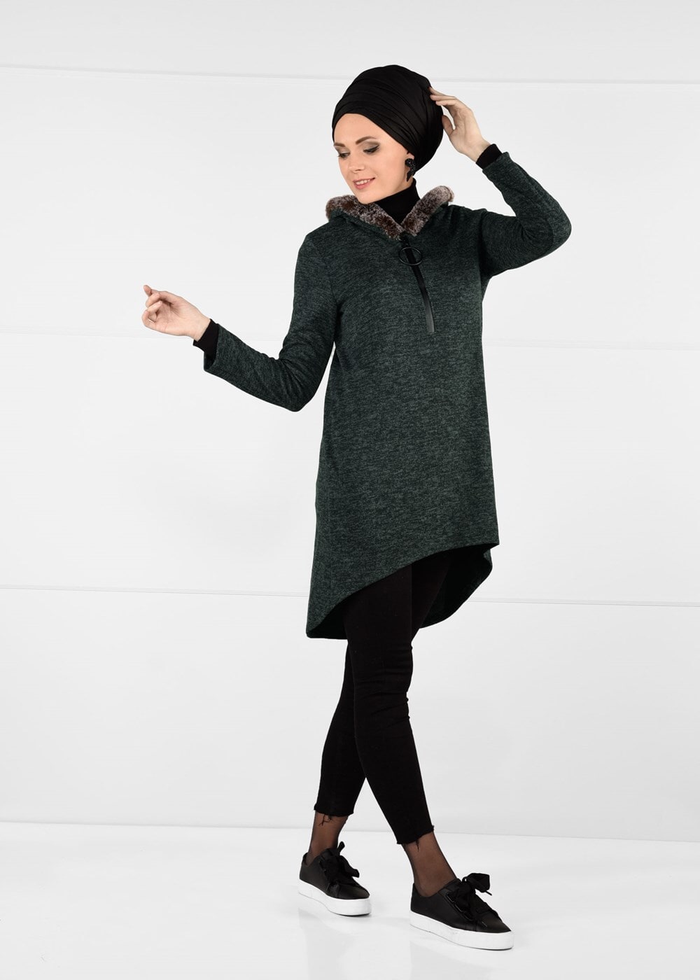 Tesettür giyim YEŞİL PELUŞLU FERMUAR DETAYLI TUNİK 13741