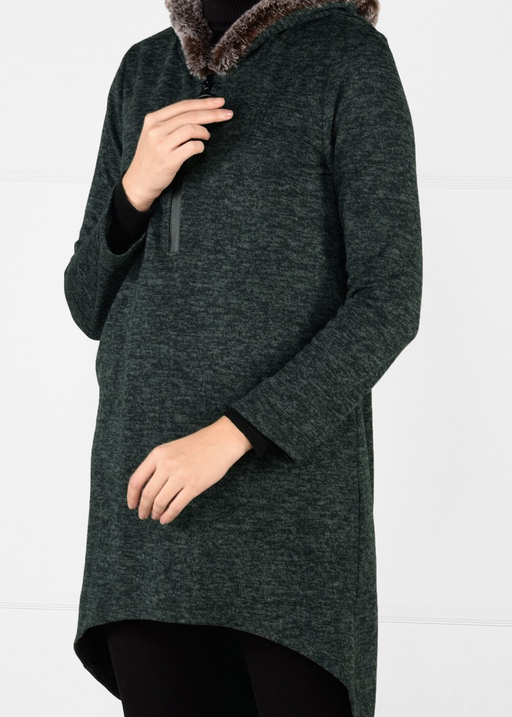 Tesettür giyim YEŞİL PELUŞLU FERMUAR DETAYLI TUNİK 13741