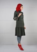 Tesettür giyim HAKİ NAKIŞLI FULARLI TUNİK 28941 