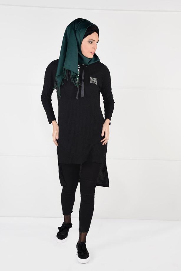 Tesettür giyim  KAPÜŞONLU FİTİLLİ TRİKO TUNİK 58451 - TRENDTESETTÜR