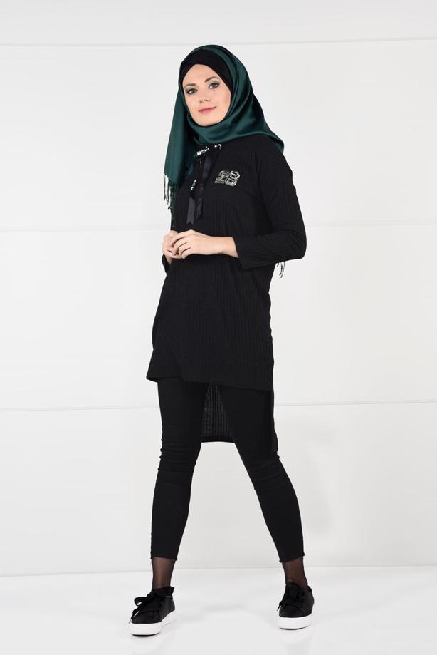 Tesettür giyim  KAPÜŞONLU FİTİLLİ TRİKO TUNİK 58451 - TRENDTESETTÜR
