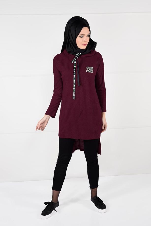 Tesettür giyim  KAPÜŞONLU FİTİLLİ TRİKO TUNİK 58451 - TRENDTESETTÜR