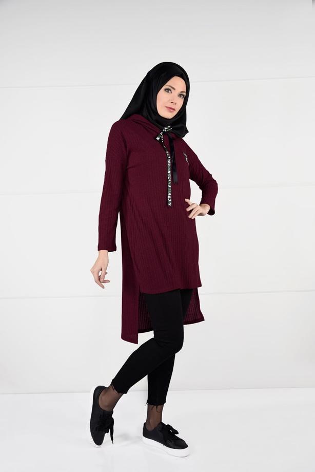 Tesettür giyim  KAPÜŞONLU FİTİLLİ TRİKO TUNİK 58451 - TRENDTESETTÜR