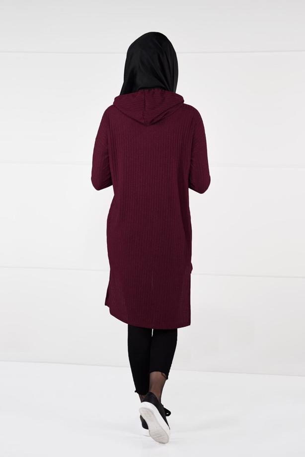 Tesettür giyim  KAPÜŞONLU FİTİLLİ TRİKO TUNİK 58451 - TRENDTESETTÜR