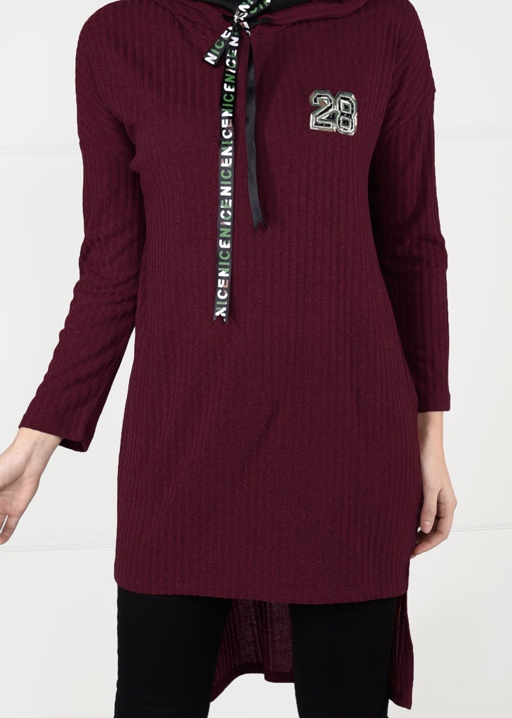 Tesettür giyim BORDO KAPÜŞONLU FİTİLLİ TRİKO TUNİK 58451