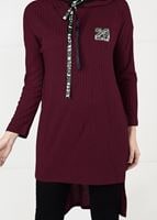 Tesettür giyim BORDO KAPÜŞONLU FİTİLLİ TRİKO TUNİK 58451