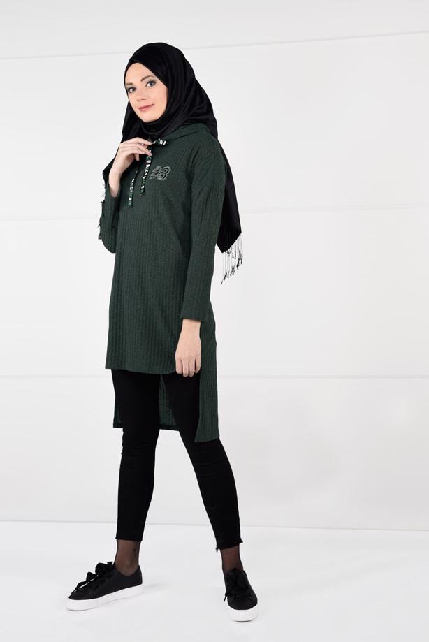Tesettür giyim  KAPÜŞONLU FİTİLLİ TRİKO TUNİK 58451 - TRENDTESETTÜR