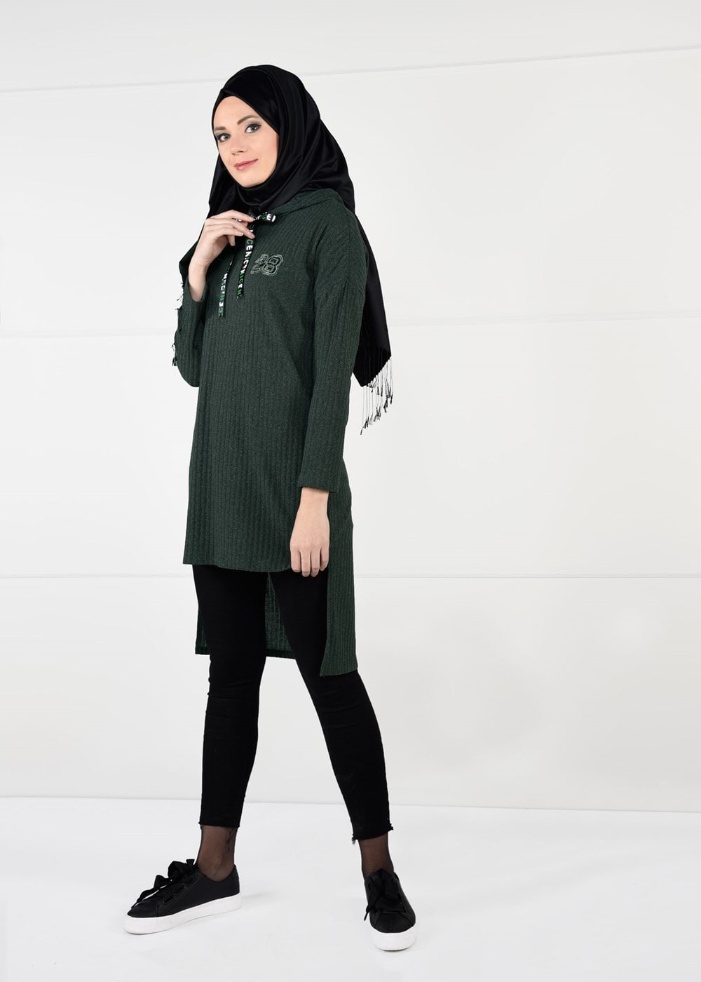 Tesettür giyim HAKİ KAPÜŞONLU FİTİLLİ TRİKO TUNİK 58451