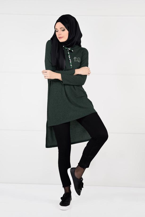Tesettür giyim  KAPÜŞONLU FİTİLLİ TRİKO TUNİK 58451 - TRENDTESETTÜR