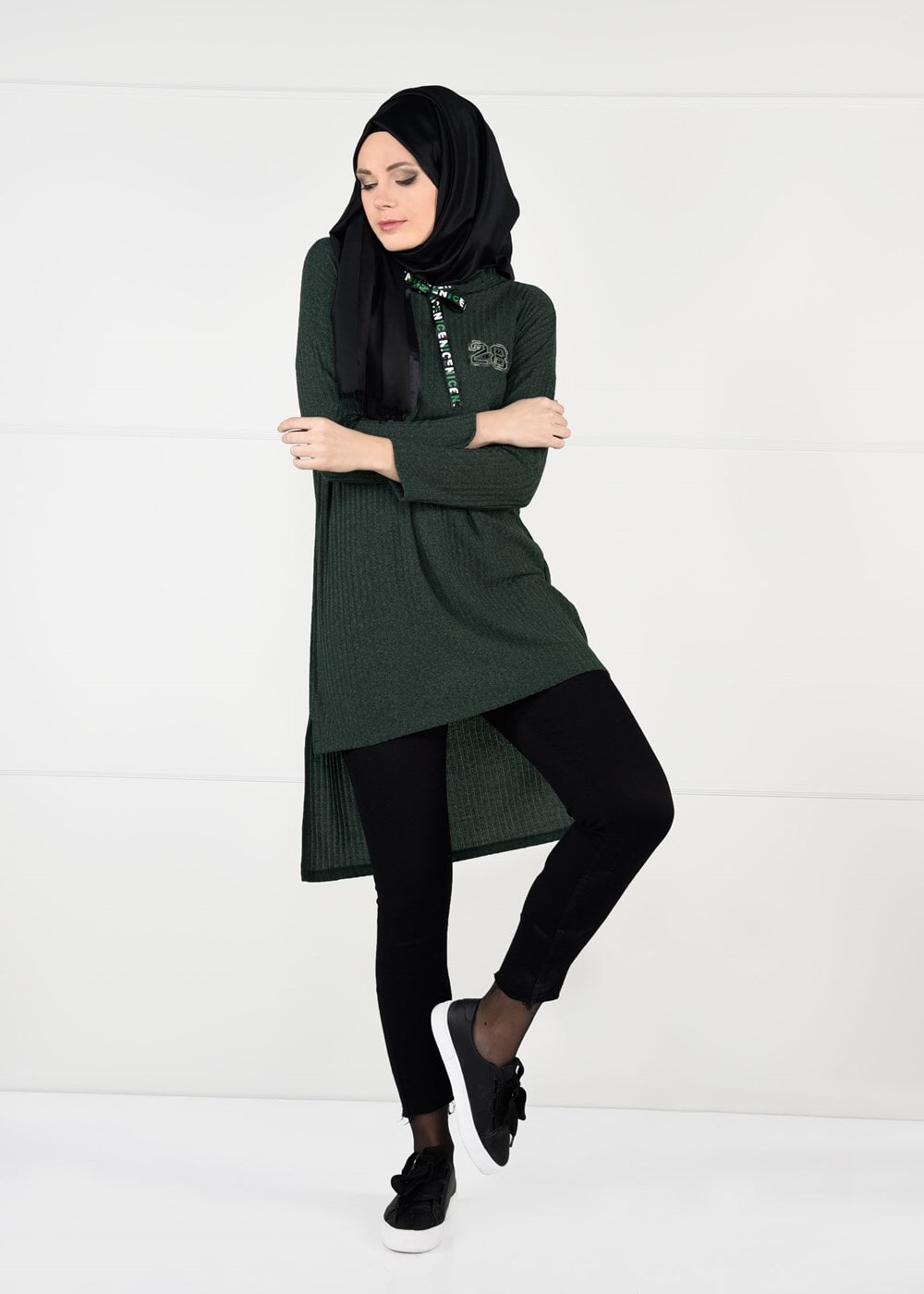 Tesettür giyim HAKİ KAPÜŞONLU FİTİLLİ TRİKO TUNİK 58451