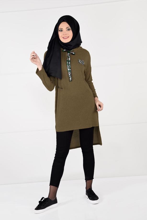Tesettür giyim  KAPÜŞONLU FİTİLLİ TRİKO TUNİK 58451 - TRENDTESETTÜR