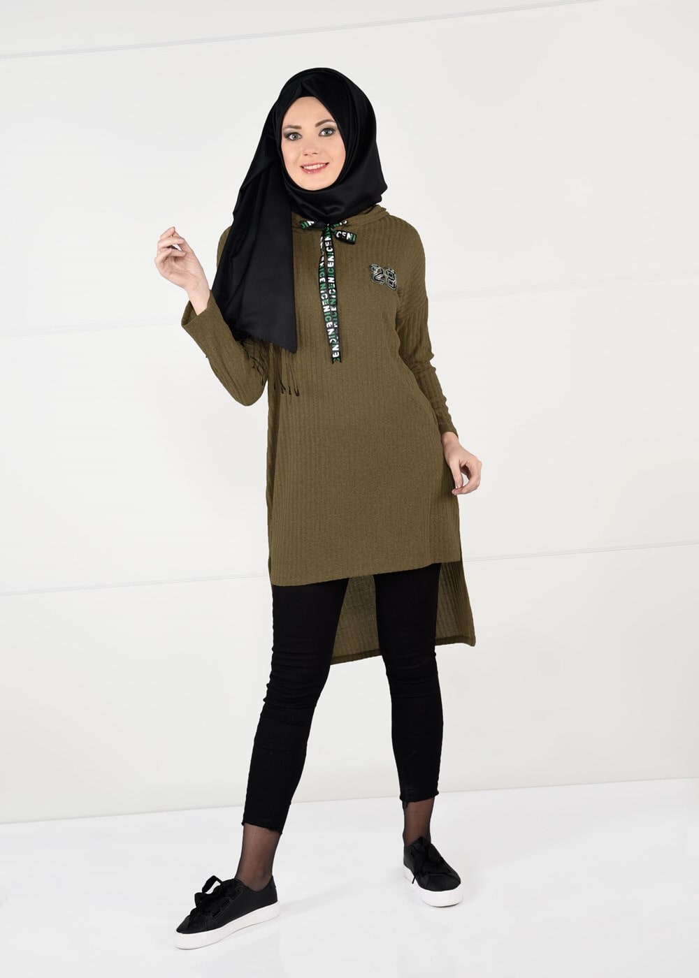 Tesettür giyim TABA KAPÜŞONLU FİTİLLİ TRİKO TUNİK 58451