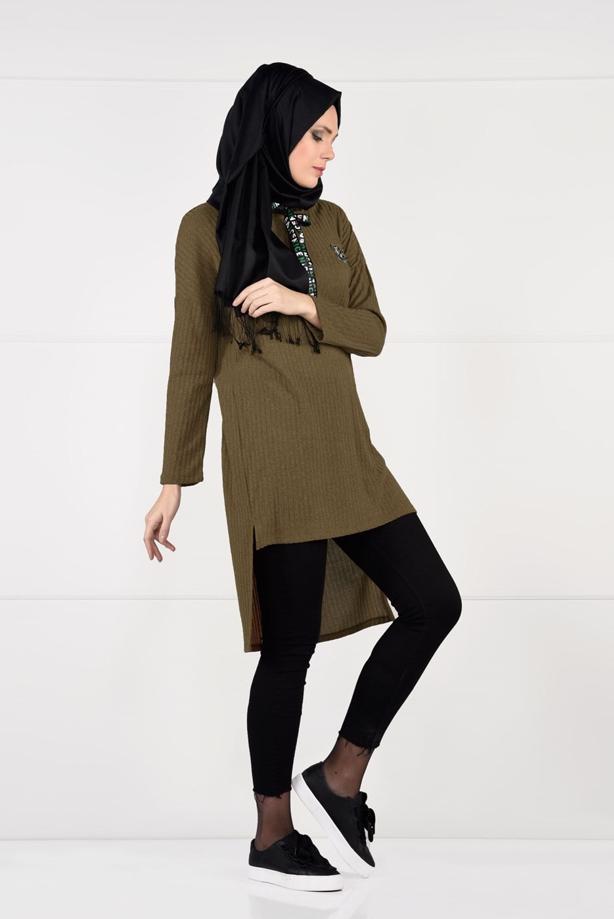 Tesettür giyim  KAPÜŞONLU FİTİLLİ TRİKO TUNİK 58451 - TRENDTESETTÜR