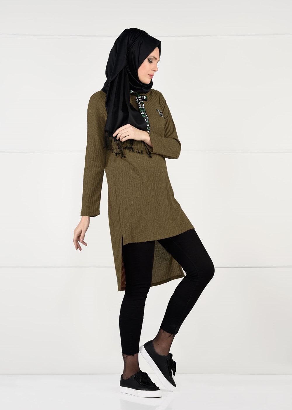 Tesettür giyim TABA KAPÜŞONLU FİTİLLİ TRİKO TUNİK 58451
