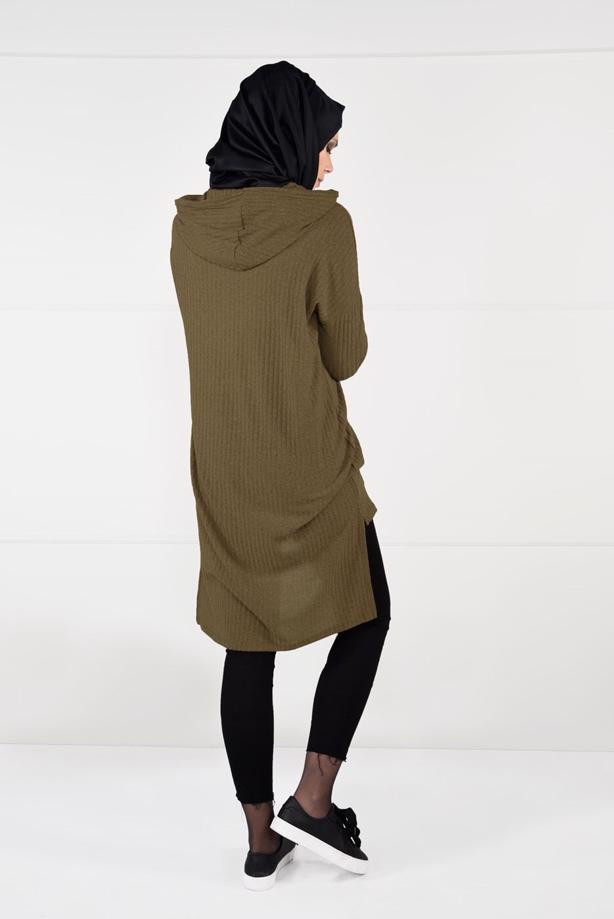 Tesettür giyim  KAPÜŞONLU FİTİLLİ TRİKO TUNİK 58451 - TRENDTESETTÜR
