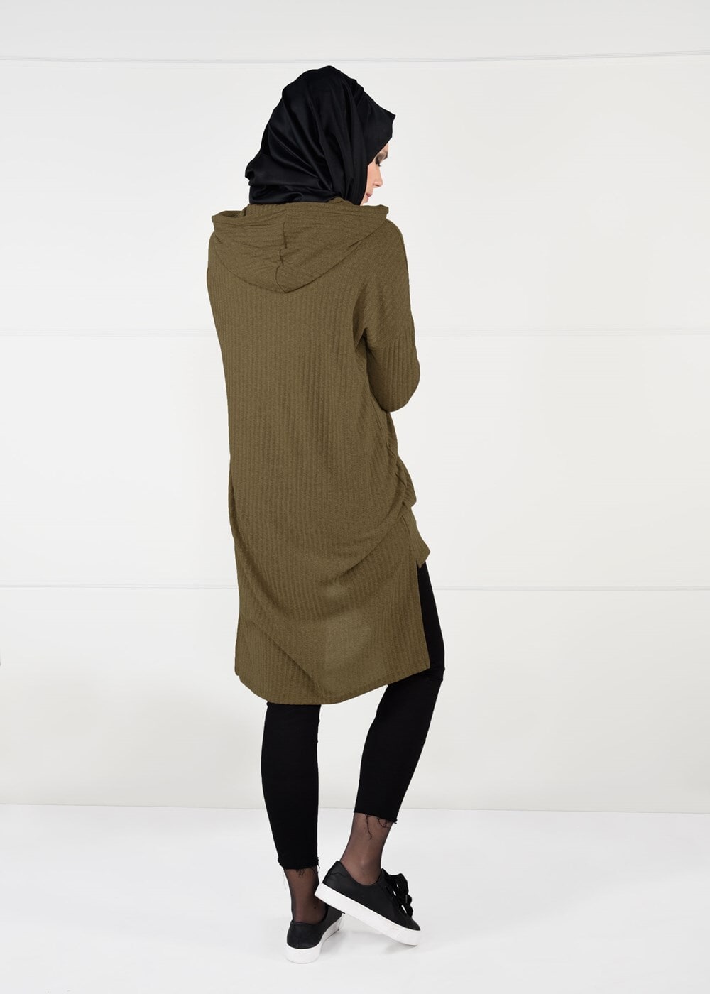 Tesettür giyim TABA KAPÜŞONLU FİTİLLİ TRİKO TUNİK 58451