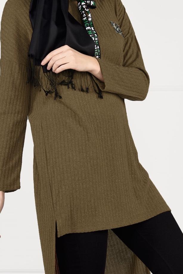 Tesettür giyim  KAPÜŞONLU FİTİLLİ TRİKO TUNİK 58451 - TRENDTESETTÜR