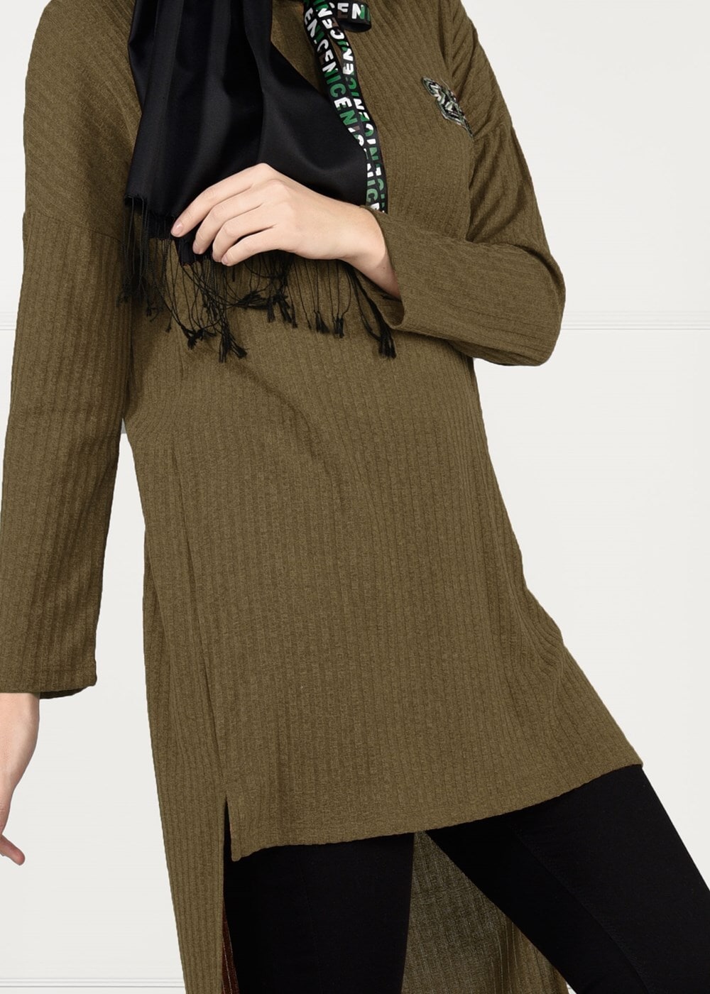 Tesettür giyim TABA KAPÜŞONLU FİTİLLİ TRİKO TUNİK 58451