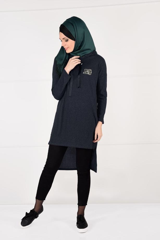 Tesettür giyim  KAPÜŞONLU FİTİLLİ TRİKO TUNİK 58451 - TRENDTESETTÜR