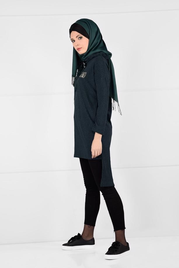 Tesettür giyim  KAPÜŞONLU FİTİLLİ TRİKO TUNİK 58451 - TRENDTESETTÜR