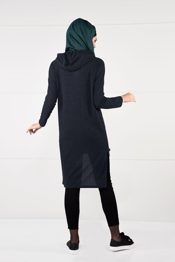 Tesettür giyim  KAPÜŞONLU FİTİLLİ TRİKO TUNİK 58451 - TRENDTESETTÜR