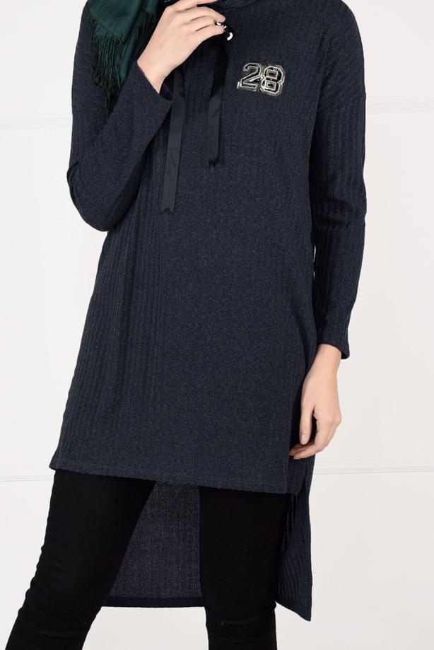 Tesettür giyim  KAPÜŞONLU FİTİLLİ TRİKO TUNİK 58451 - TRENDTESETTÜR